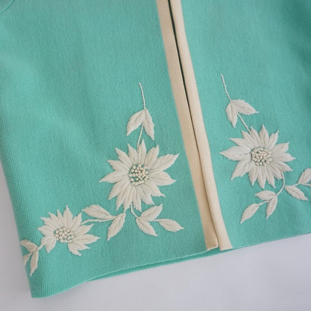 Vintage Teal w White Embroidered Floral Open Front Cardigan Sweater S - Picture 7 of 11